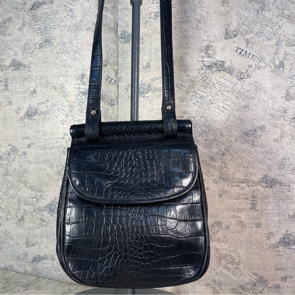 NJY Black Croc Embossed Leather Crossbody Bag Gold Hardware Shoulder Purse